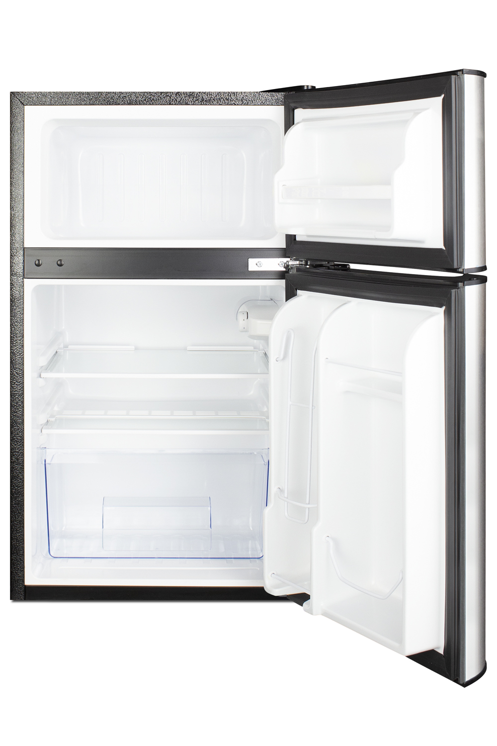 ENERGY STAR certified counter height 2-door refrigerator-freezer with stainless steel doors and black cabinet